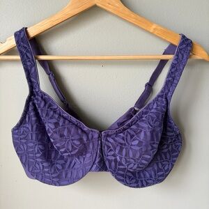 Olga Bra 38D Sheer Leaves Minimizer Purple Unlined Underwire Women’s